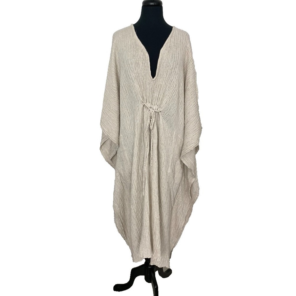 Myrah Penaloza Caftan Dress Women One Size Gray Gauzy Linen Blend Resort Coverup - Picture 3 of 12